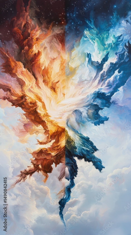 Poster dynamic celestial event cosmic explosion of color digital art ethereal clouds vibrant atmosphere