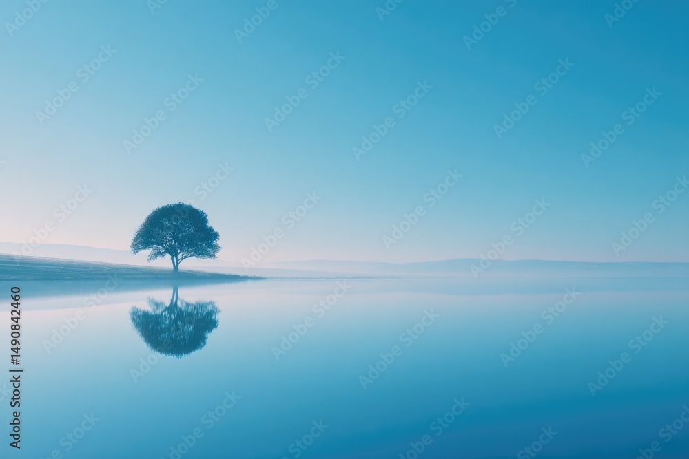 Poster serene landscape with single tree against vast open sky serves as metaphor for introspection