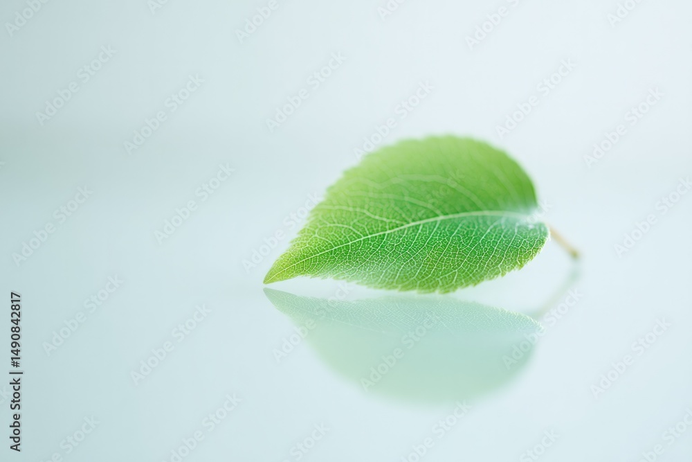 Poster serene scene showcasing single leaf resting on mirror creating minimalistic reflection