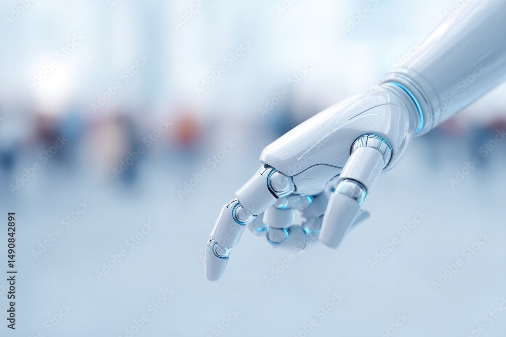 Poster robotic hand reaching towards front of frame with blurred figures in background for of integration i