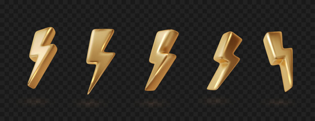 Metallic gold lightning 3d vector isolated on dark. Thunder bolt icon for energy and danger.