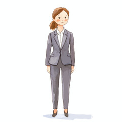 Cartoon Businesswoman in Gray Suit Smiling with Ponytail and Blush