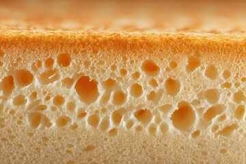 Close-up of sponge cake: A detailed, macro shot showcases the airy texture and golden-brown crust of a freshly baked sponge cake, inviting a sensory experience of taste and texture. 