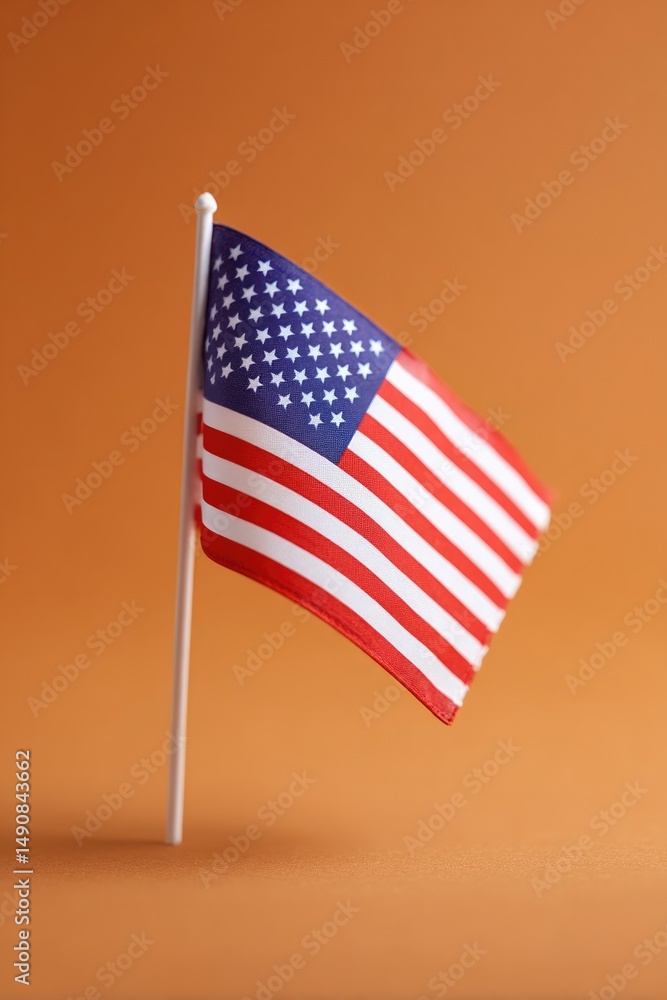 Poster single small american flag stands upright on smooth solid color background minimalistic composition