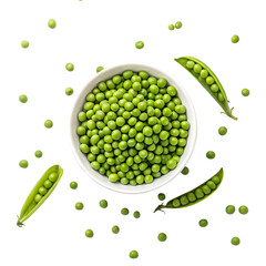 Peas in a bowl on white bowl top view isolated on white background
