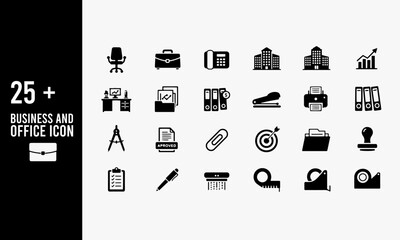 Black Business and Office Icons Set. A collection of business and office icons including furniture, tools, documents, and symbols of achievement and organization.
