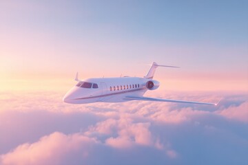 Obraz premium sleek 3d illustration of private jet gliding effortlessly above serene blanket of fluffy clouds