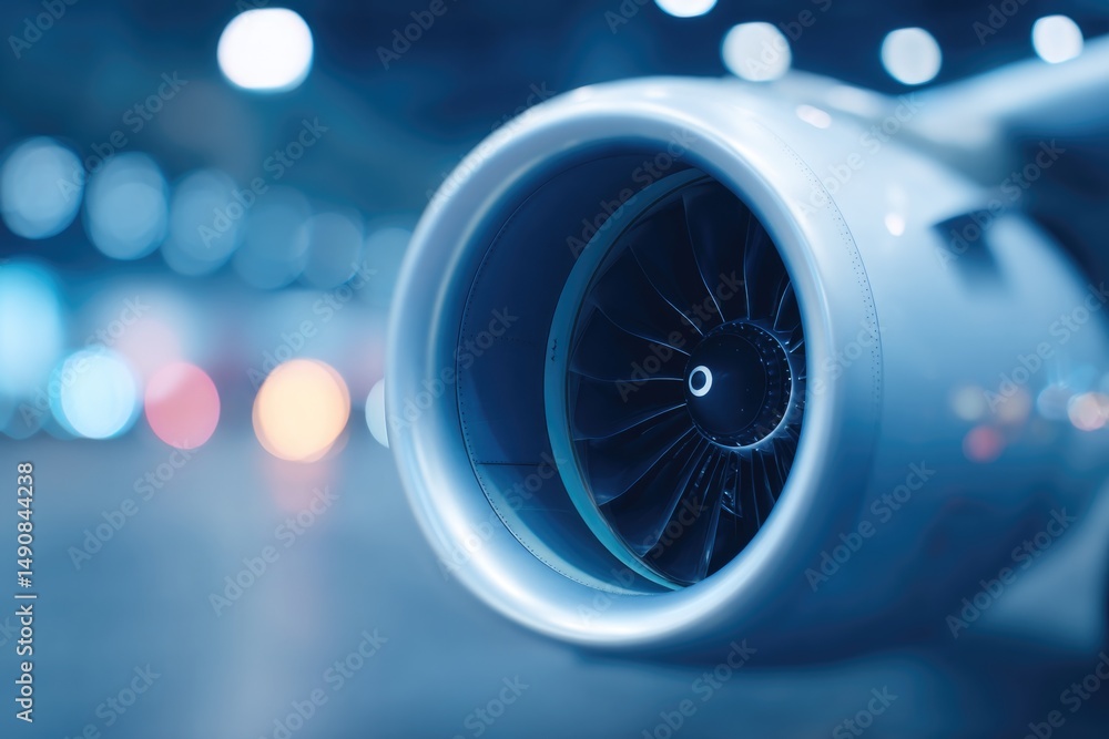 Poster sleek minimalistic image of gleaming aircraft engine prominently displayed in foreground capturing i