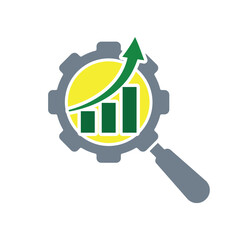 Optimization icon. SEO Optimization. magnifying glass like a gear with an upward graph. symbol for Process, automation, productivity. Solid design style