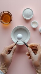 Gloved hands carefully hold a cotton ball with tweezers above a bowl of powder on a pink background, surrounded by other cosmetic ingredients