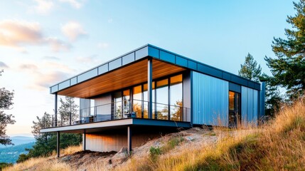 Obraz premium Modern Hillside Home with Metal Siding and Wood Deck, Architecture , Exterior