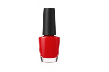 Sleek black-capped nail polish bottle featuring vibrant red lacquer with glossy finish, positioned against transparent background