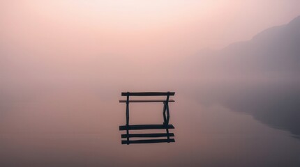 Bench in still water, shrouded in mist. Serene and calming landscape, minimalist composition.