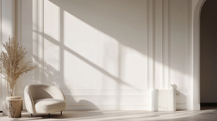 Fototapeta premium Interior with chair, pampas grass, and sunlight on the wall