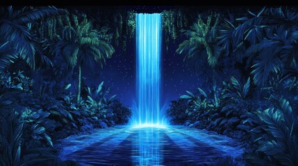 Fototapeta premium Luminous night waterfall in a lush jungle