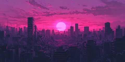 Obraz premium Post-Apocalyptic Sunset Cityscape: A Digital Painting of a Ruined Metropolis