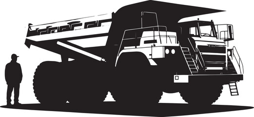 Silhouette Mining Dump Truck with Person for Scale in Black and White Illustration © Laila
