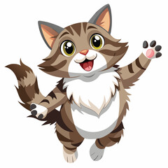 A fluffy, tabby and white cat with wide eyes and an open mouth is leaping upwards with outstretched paws  on white background