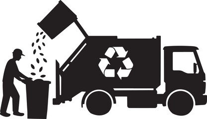 Silhouette of Sanitation Worker Emptying Trash into Recycling Truck on White Backdrop © Laila