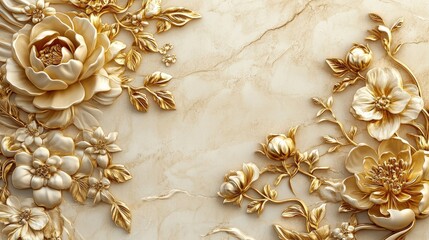 Ornate gold flowers on a light beige marble background.