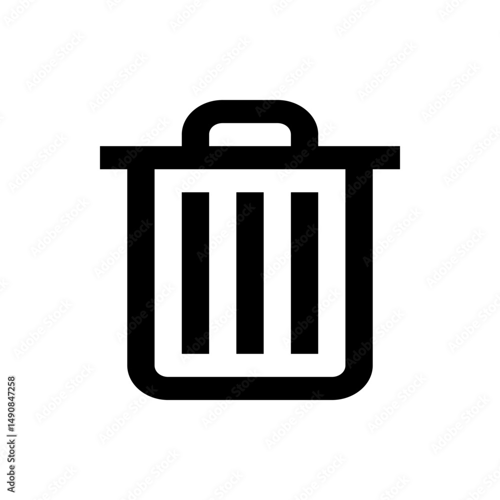 Poster illustration of a simple black and white trash can icon with a handle and vertical lines inside the 