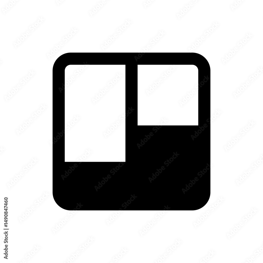 Poster illustration of a split screen layout with a large left panel and smaller right panel in a rounded s