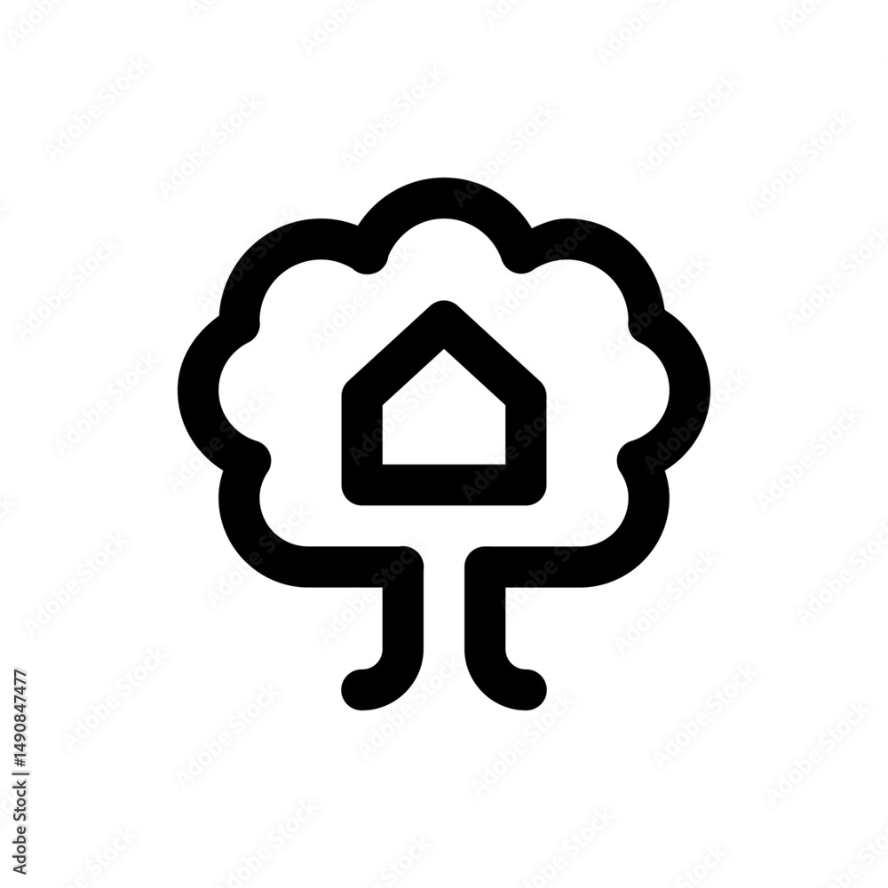 Poster black outline of a tree with a house shape inside the foliage against a white background in simple s