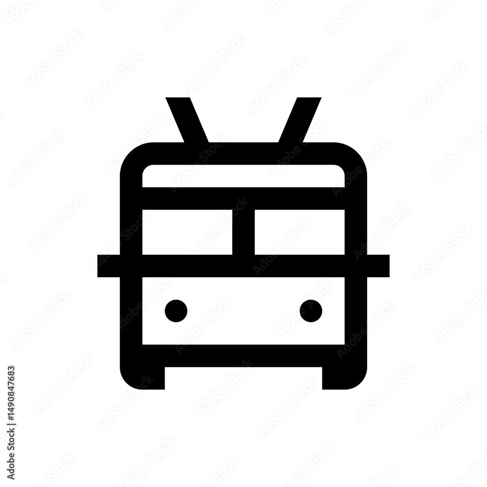Poster stylized black and white trolleybus icon with overhead wires and simple rounded rectangular body des