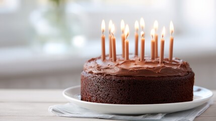 Chocolate birthday cake with lit candles
