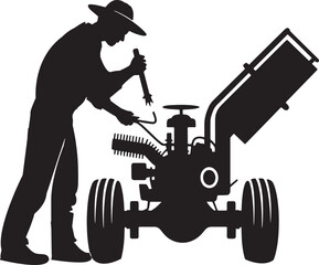 Black Silhouette of a Farmer Repairing a Small Tractor on a White Background