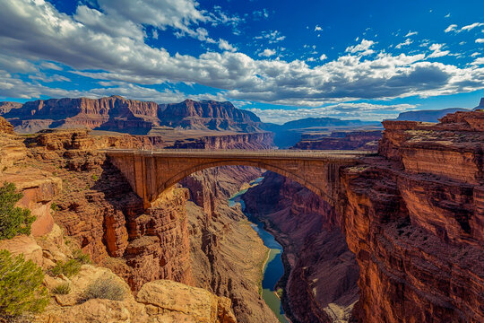 A captivating panoramic view of an attractive arched bridge set against a vibrant red rock landscape at sunset.