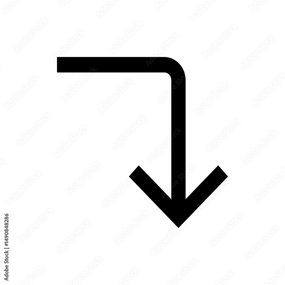 Poster a black arrow pointing downwards and to the right with a rounded corner on a white background plane 