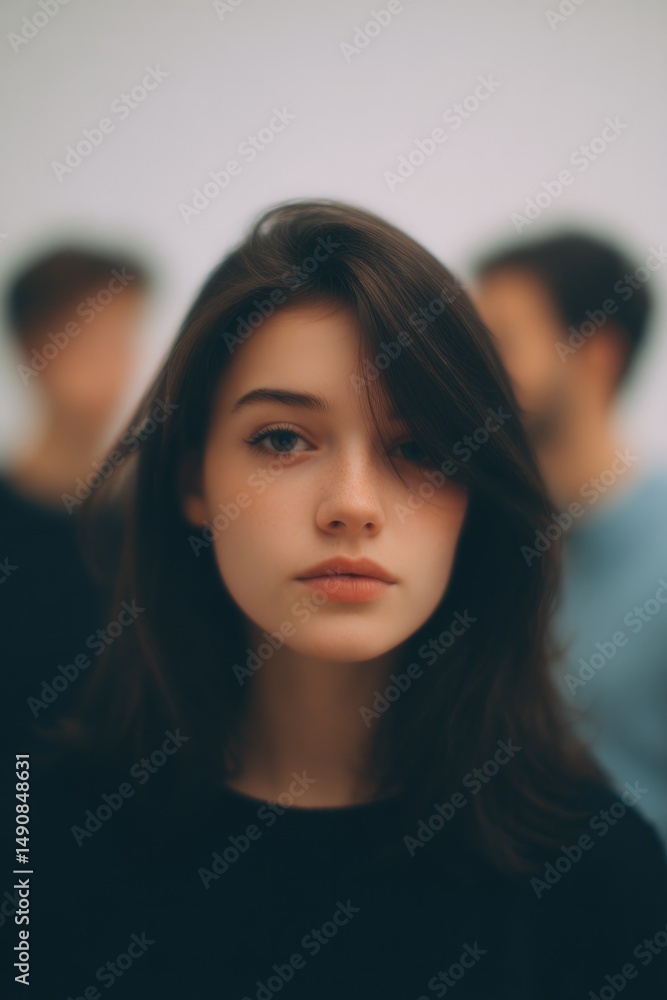 Poster capture studio shot with sharply focused subject in foreground while individuals in background are a