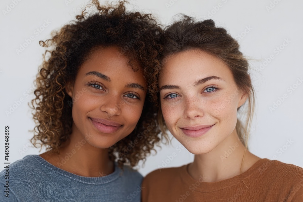Poster capture two diverse friends joyfully embracing framed in minimalistic setting with ample copy space 