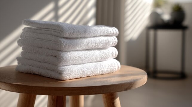 Stack of clean white towels on a wooden stool