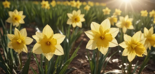 Close-up of glistening daffodil petals, sunlit field background ,  daffodils,  yellow flower