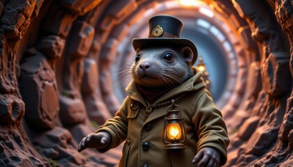 Fototapeta premium charming mole wearing a trench coat, adorned with a lantern necklace, in a steampunk style, vibrant underground tones, detailed textures, tunnel composition, high resolution
