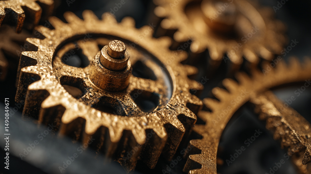 Poster a close up of several interlocking gold colored gears with a dark background in a macro shot