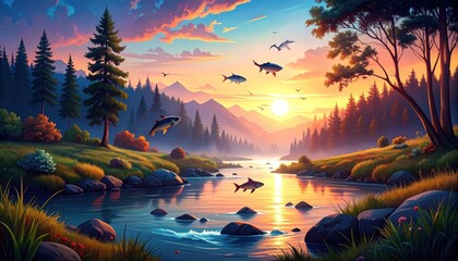 Fototapeta premium Enchanting Dusk Landscape with Leaping Fish and Tranquil River Reflection