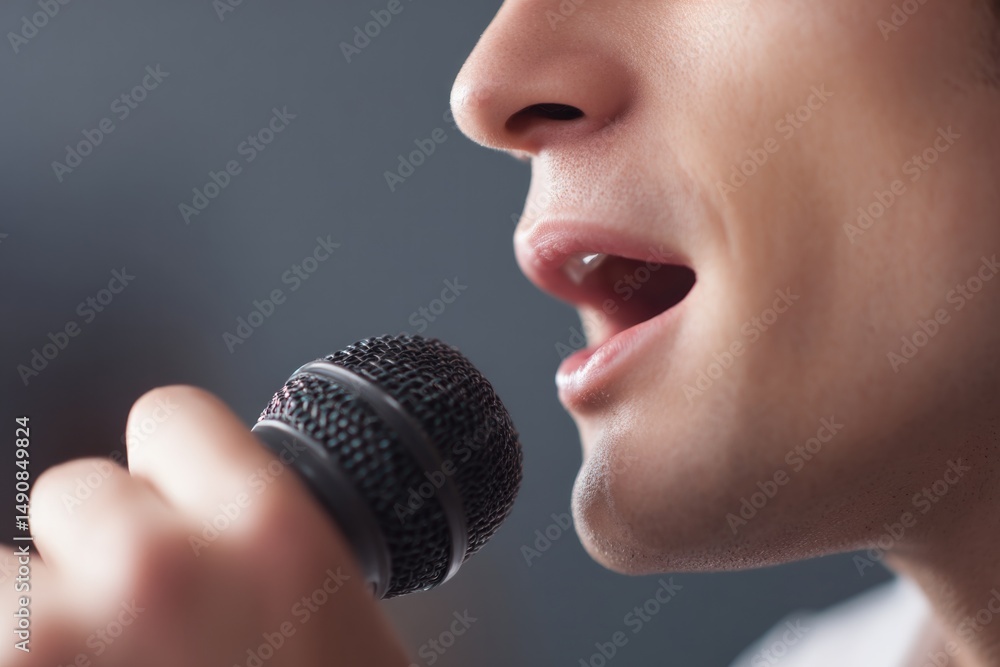 Poster close-up of person passionately singing into microphone at karaoke event with minimalistic elements