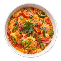 Menemen on white bowl top view isolated on white background