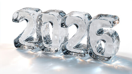 Crystal-clear ice "2026" on white background with soft shadows