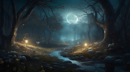 Golden Apple Trees in a Magical Moonlit Forest