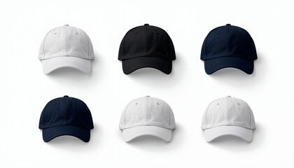 Variety of baseball caps in black, white, and navy colors on a light background