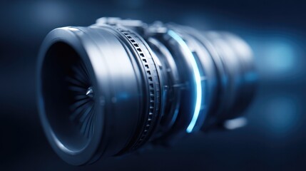 close-up of sleek aviation engine showcasing its intricate parts and metallic texture under soft lighting