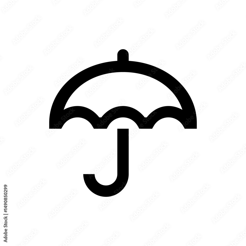 Poster illustration of a simple black umbrella with a curved handle and rounded top on a white background i