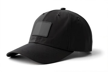 Black Baseball Cap with Curved Brim and Rectangular Front Patch, Minimalist and Sporty Design  
