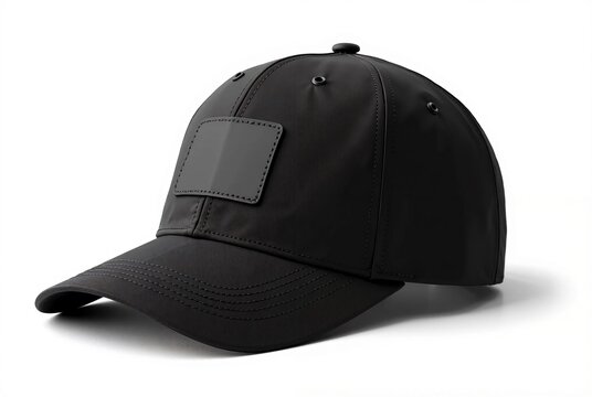 Black Baseball Cap with Curved Brim and Rectangular Front Patch, Minimalist and Sporty Design  
