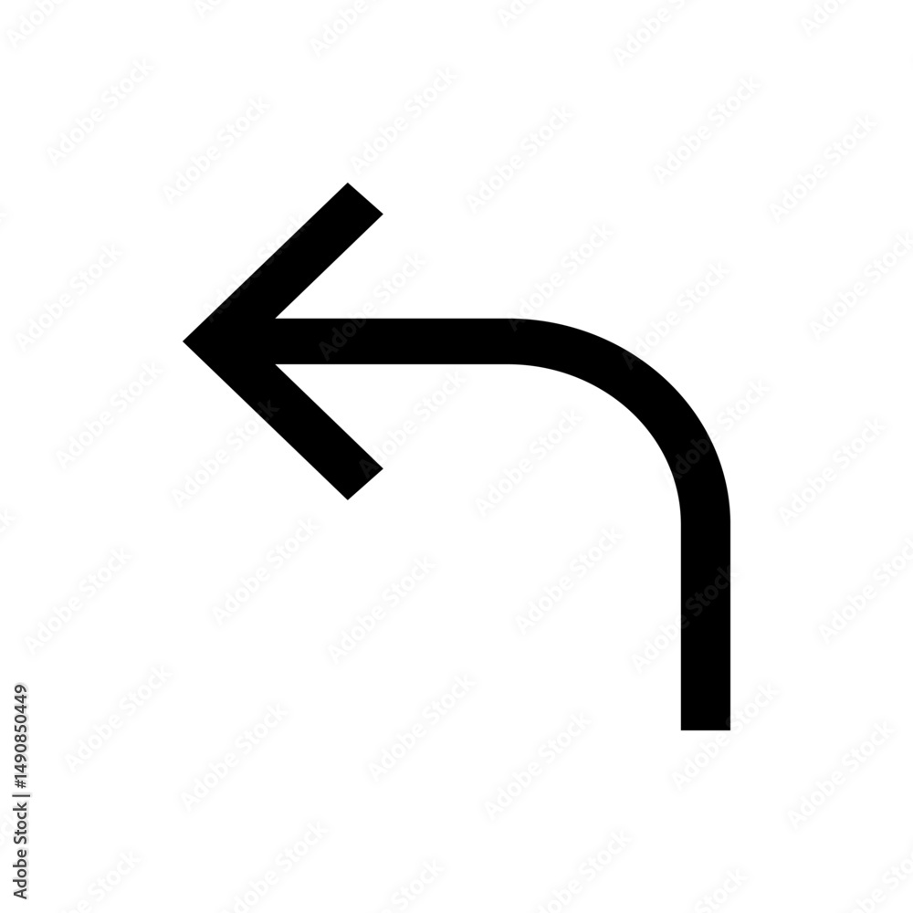 Poster a black arrow curving downwards and pointing to the left on a white background in a simple illustrat