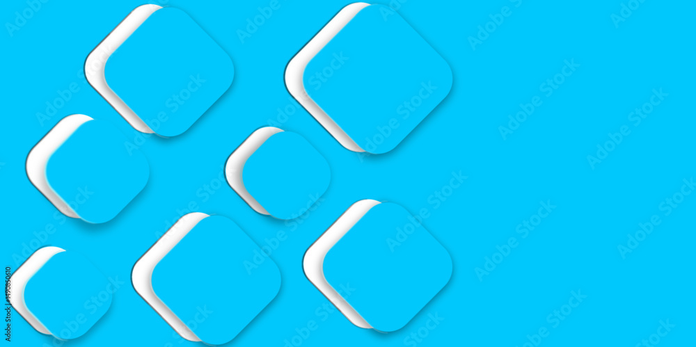 Poster minimal geometric background with dynamic blue and white shapes.